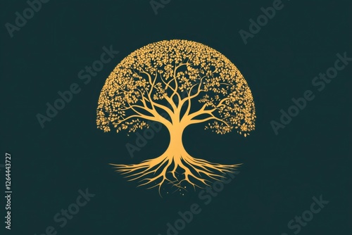 Golden tree of life representing growth and prosperity on dark background