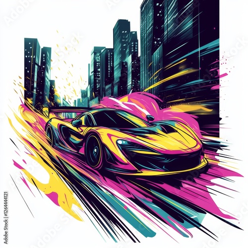 Vibrant Cityscape with Dynamic Sports Car in Motion, Capturing Speed and Energy Amid Urban Skyline photo