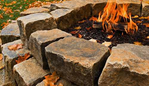 A warm fire burns in a rugged stone fire pit, surrounded by vibrant autumn leaves, creating a cozy atmosphere for gatherings in nature during the fall season.