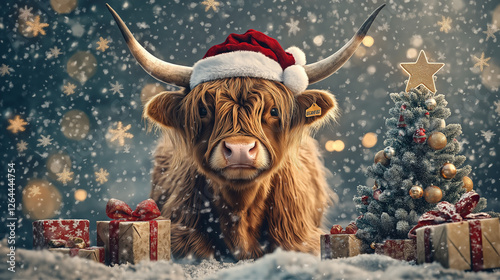 A regal Highland cow wearing a Santa hat amidst beautifully wrapped presents and a mini Christmas tree, surrounded by a snowy atmosphere exuding warmth and holiday cheer.