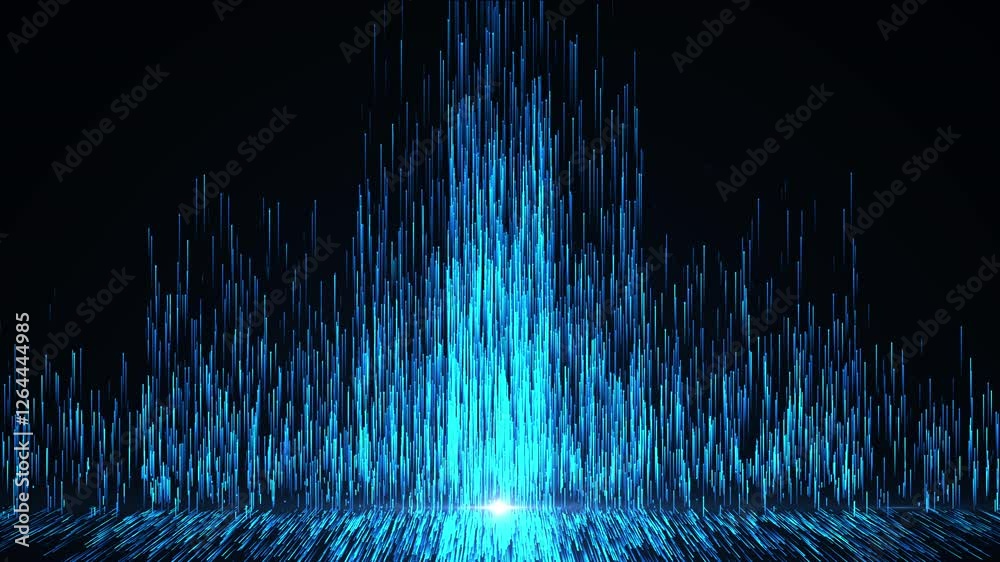 Blue dust sparkling and luxury particles raising. Abstract elegant cyan glowing lines going up with glowing lighting effect and floor reflection on black background.