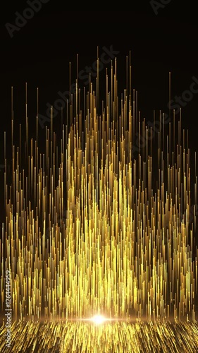 Golden dust sparkling and luxury particles raising. Abstract elegant golden glowing lines going up with glowing lighting effect and floor reflection on black vertical background.