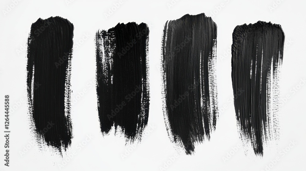 Four black paint strokes on white. Ideal for backgrounds, textures, or abstract art projects. Four black paint strokes on white. Ideal for backgrounds, textures, or abstract art projects.