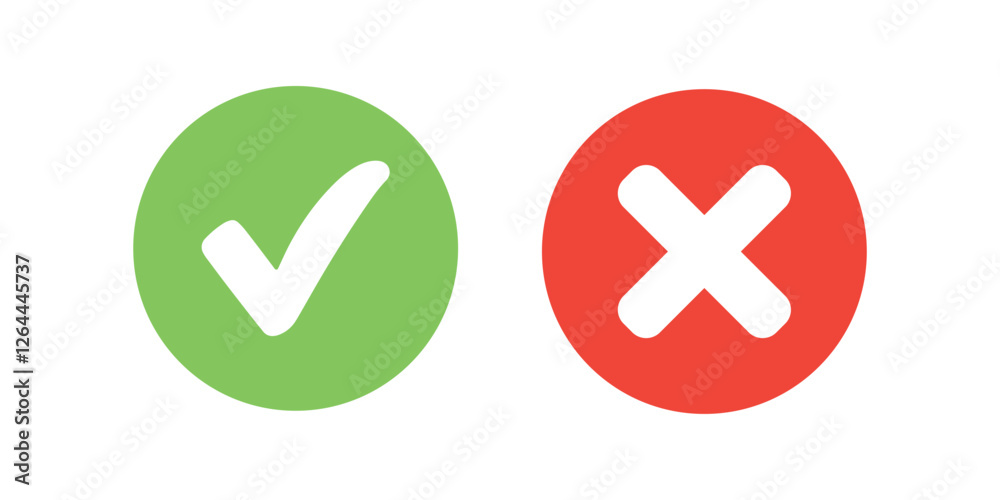 Check mark icon button set. Check box icon with right and wrong buttons and yes or no checkmark icons in green tick box and red cross. Isolated checkmark symbol, right and wrong sign concept. Check mark icon button set. Check box icon with right and wrong buttons and yes or no checkmark icons in green tick box and red cross. Isolated checkmark symbol, right and wrong sign concept.