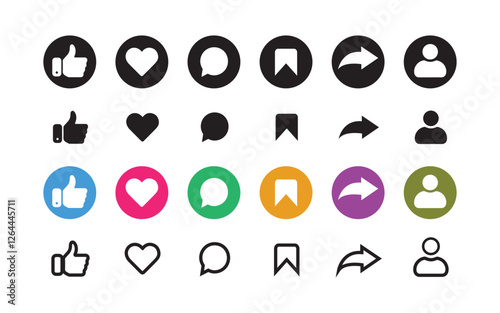 Like, love, heart, thumb up, repost, comment, share, save, stories user button sign in circle and speech bubble shapes, emoji post reactions, set social media notification functional icons – vector
