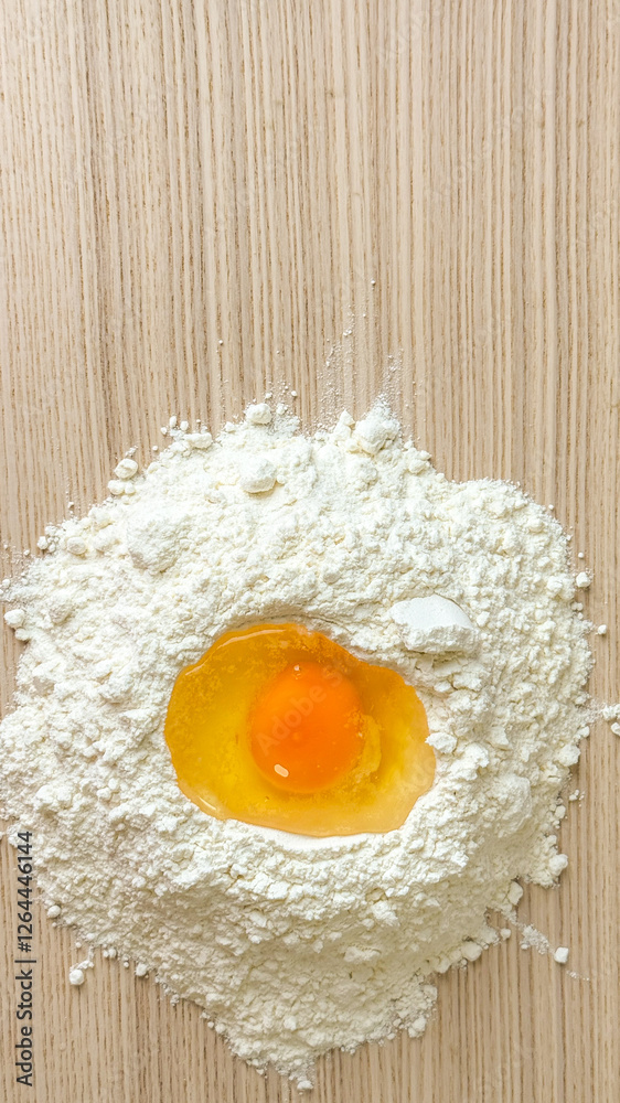 Egg yolk in flour pile on wooden surface, baking concept, rustic cooking, kitchen essentials Egg yolk in flour pile on wooden surface, baking concept, rustic cooking, kitchen essentials