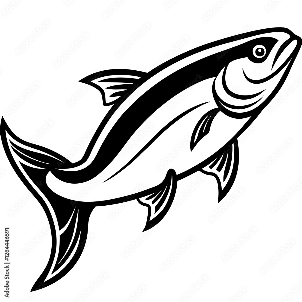 Naklejka premium Cute Silhouette Salmon Line Art Black Vector Carton Illustration