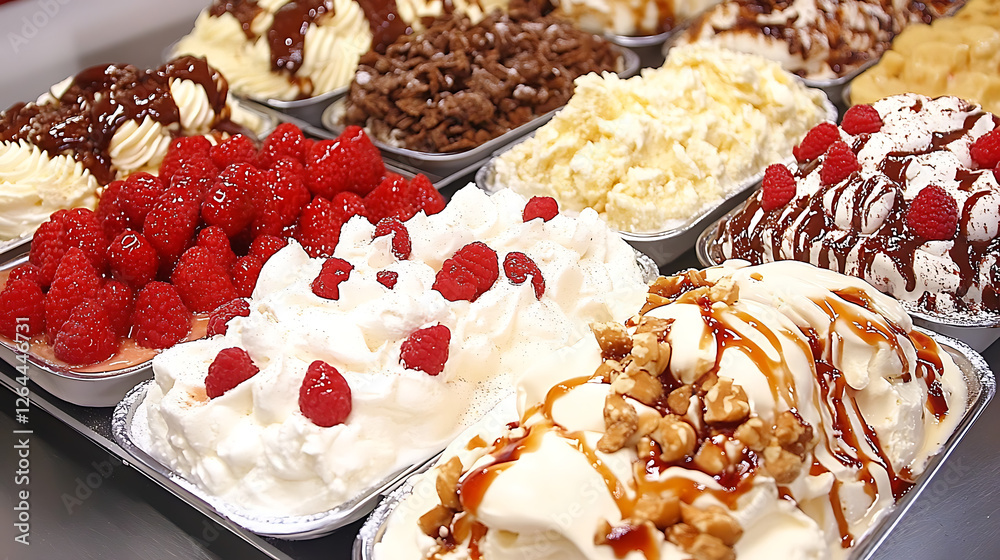 Assorted Sweet Ice Cream Flavors with Raspberry Toppings Dessert Selection Tasty Variety Assorted Sweet Ice Cream Flavors with Raspberry Toppings Dessert Selection Tasty Variety