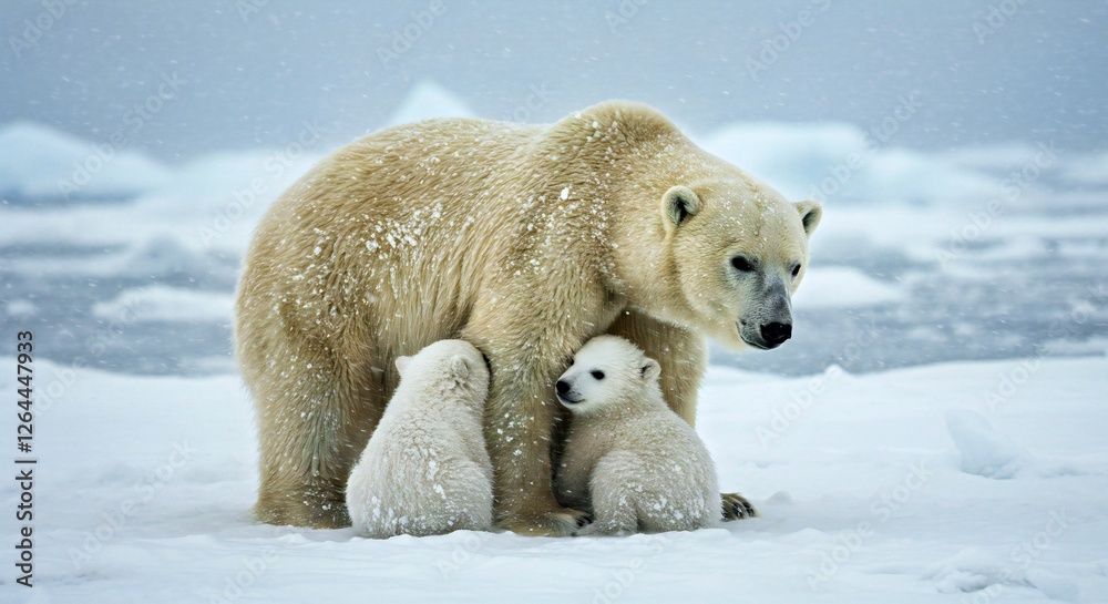 A Polar Bear Mother Shielding Her Two Tiny Cubs From a Raging Snowstorm in the Arctic Tundra A Polar Bear Mother Shielding Her Two Tiny Cubs From a Raging Snowstorm in the Arctic Tundra