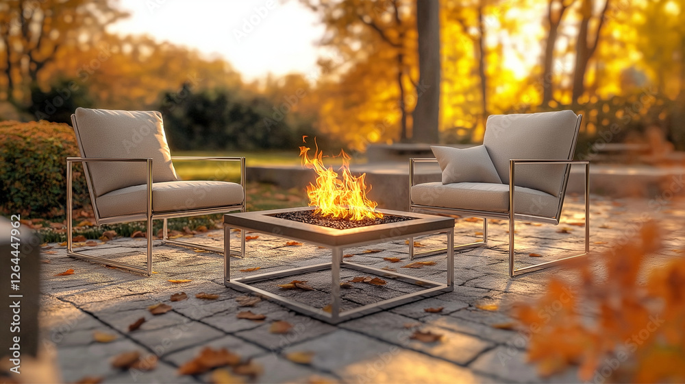 Fototapeta premium A stylish outdoor seating area featuring a contemporary fire pit, ideal for gatherings and enjoying the warmth of fire during colorful autumn evenings.