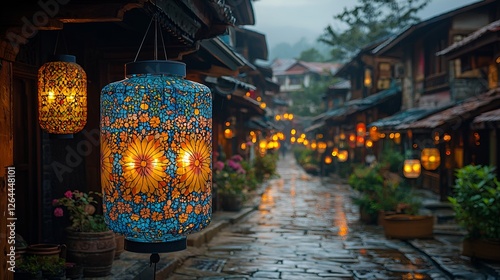 Rainy night street in a Chinese village photo