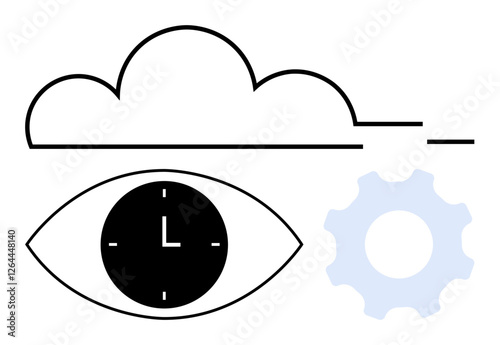 Cloud above an eye with a clock in its center and a gear beside it suggesting time, focus, and innovation. Ideal for tech, productivity, planning, efficiency, vision, automation abstract line flat