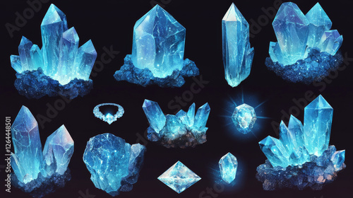 Crystal clusters with blue glowing light aura, quartz or crystalline mineral. Unfaceted rough glowing rocks stalagmites, isolated jewelry precious or semiprecious gem stones, Realistic 3d vector set photo