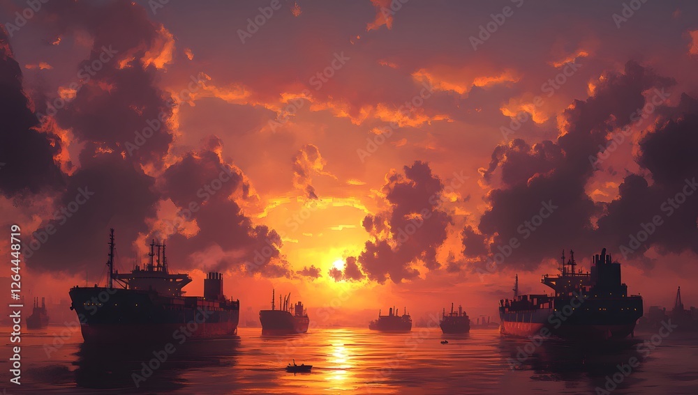 Fototapeta premium Sunset over harbor, ships at anchor, dramatic clouds
