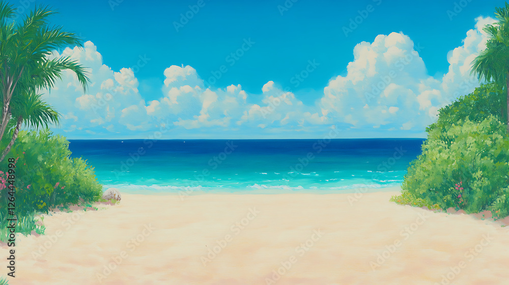 Fototapeta premium Beach Paradise Ocean View Serene Tropical Vacation Landscape Azure Sea Sand Palm Trees Lush Vegetation