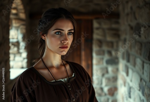 Female medieval portrait in dimly lit room photo