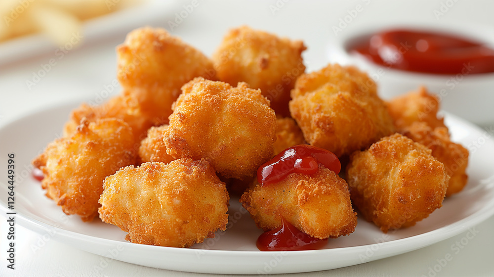 A tempting plate of crispy golden chicken nuggets drizzled with rich ketchup, ideal for quick snacks or appetizers that offer a delightful crunch. A tempting plate of crispy golden chicken nuggets drizzled with rich ketchup, ideal for quick snacks or appetizers that offer a delightful crunch.