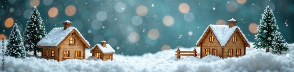 Wooden Christmas village with snow-covered trees, Wooden, Trees, Winter Wooden Christmas village with snow-covered trees, Wooden, Trees, Winter