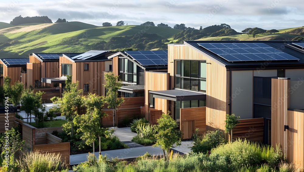 Sustainable homes nestled in green hills with solar panels Sustainable homes nestled in green hills with solar panels