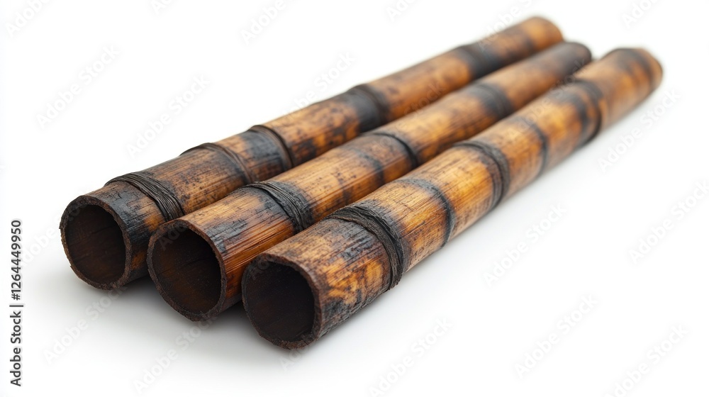Three Dark Brown Bamboo Poles on White Background Three Dark Brown Bamboo Poles on White Background