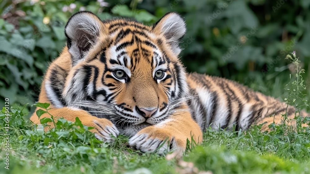 Tiger Cub Relaxing In Lush Green Grass Tiger Cub Relaxing In Lush Green Grass