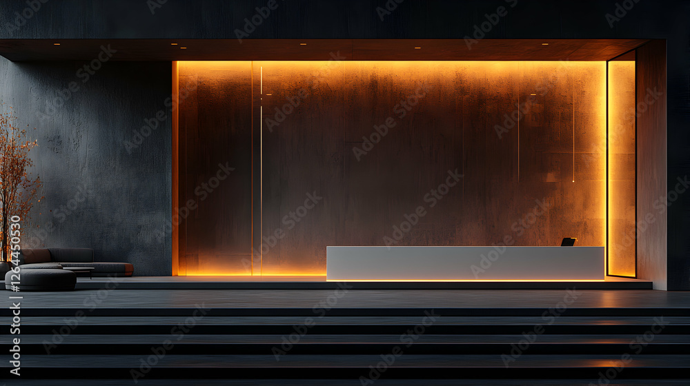 Modern minimalist hotel lobby with warm lighting, sleek reception desk, and comfortable seating. Perfect for showcasing luxury design and hospitality. Modern minimalist hotel lobby with warm lighting, sleek reception desk, and comfortable seating. Perfect for showcasing luxury design and hospitality.