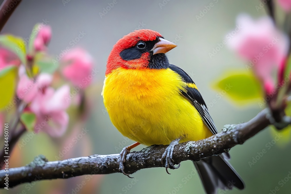 Obraz premium Yellow-breasted tanager perched on a branch in spring