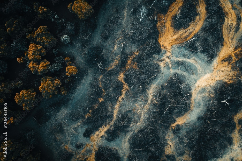 Obraz premium A drone image of deforestation and logging eating into the landscape
