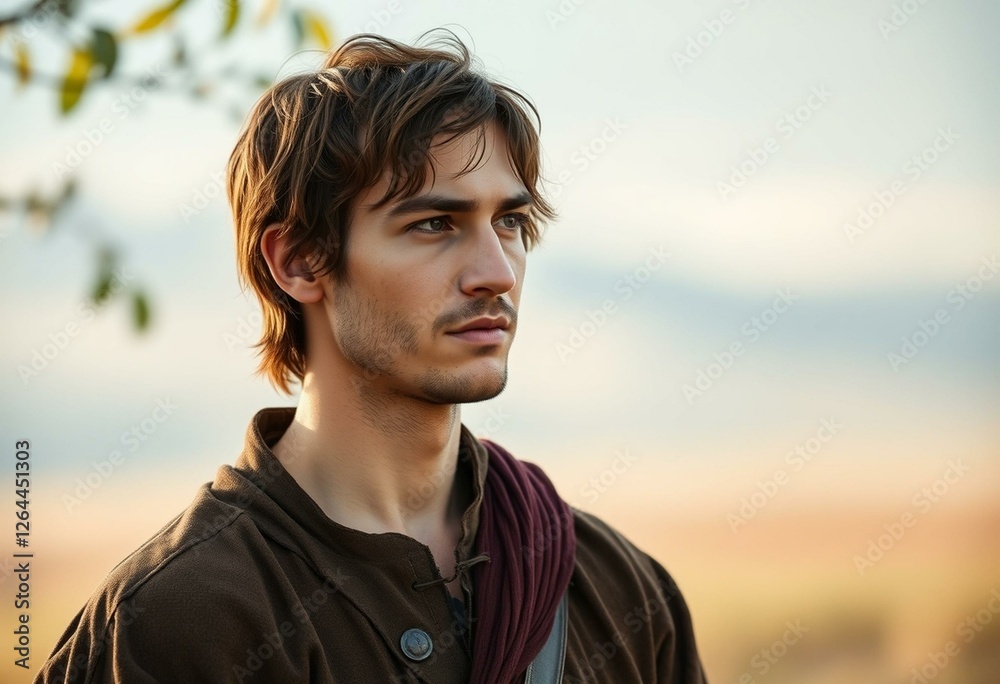 Serene outdoor portrait of a male person in medieval clothes Serene outdoor portrait of a male person in medieval clothes
