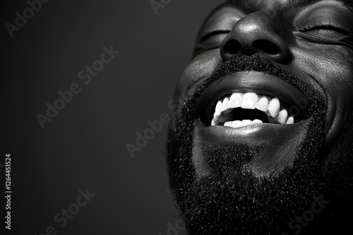 Man with a beard smiling and laughing sincerely in a casual outdoor setting