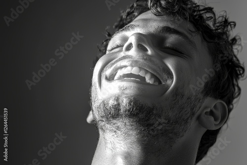 Man with curly hair laughing sincerely in a natural outdoor setting