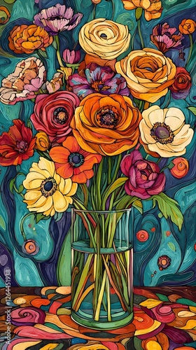 Obraz na płótnie Retro desktop vase bouquet illustration poster background w salonie