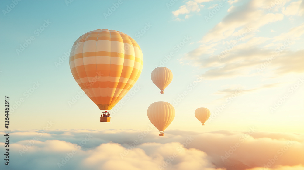 Fototapeta premium Hot Air Balloons at Sunrise: Four vibrant hot air balloons soar gracefully above a sea of clouds, bathed in the warm, golden light of a breathtaking sunrise, evoking a sense of adventure, freedom.