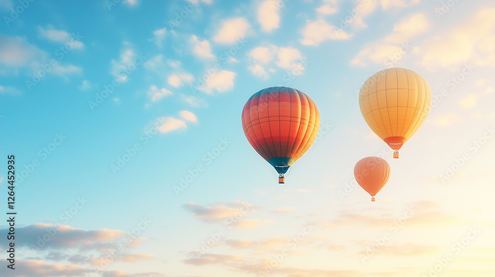 Hot Air Balloons Soaring: Three vibrant hot air balloons gracefully glide across a breathtaking canvas of blue sky, casting a picturesque silhouette against the vibrant hues of a setting sun. Hot Air Balloons Soaring: Three vibrant hot air balloons gracefully glide across a breathtaking canvas of blue sky, casting a picturesque silhouette against the vibrant hues of a setting sun.