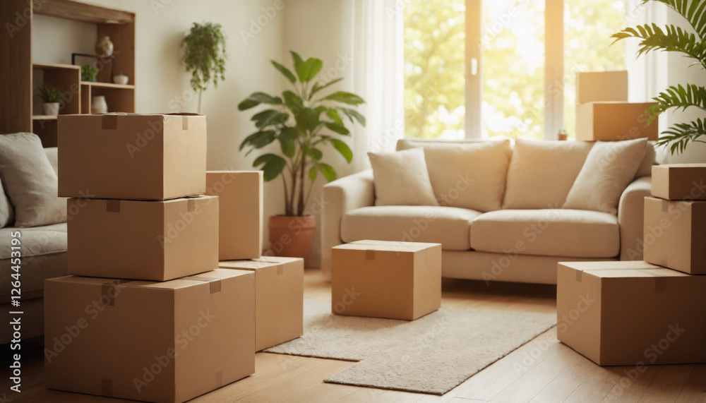 Living room filled with moving boxes, transitional mood, cozy indoor environment with sunlight, copy space Living room filled with moving boxes, transitional mood, cozy indoor environment with sunlight, copy space