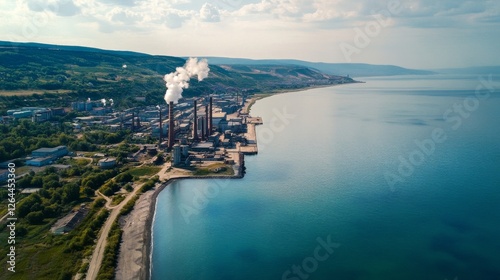 Aerial View of Industrial Plants Factory Chimneys. Environmental Awareness Concept. Pollutant.
