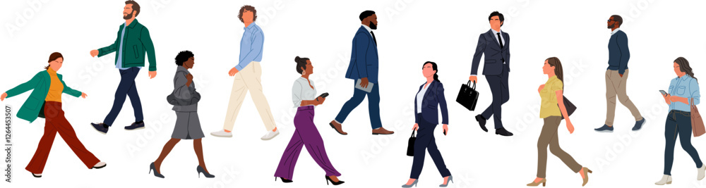 Set of different business people, men and women in casual and formal clothes walking side view. Colorful flat vector illustration isolated on white background Set of different business people, men and women in casual and formal clothes walking side view. Colorful flat vector illustration isolated on white background