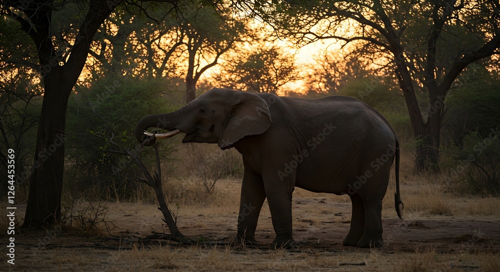 Fototapeta premium Elephant Feeding on Tree Branch at Sunset by Khwai River Forest with Magic Wildlife Scene Generative AI