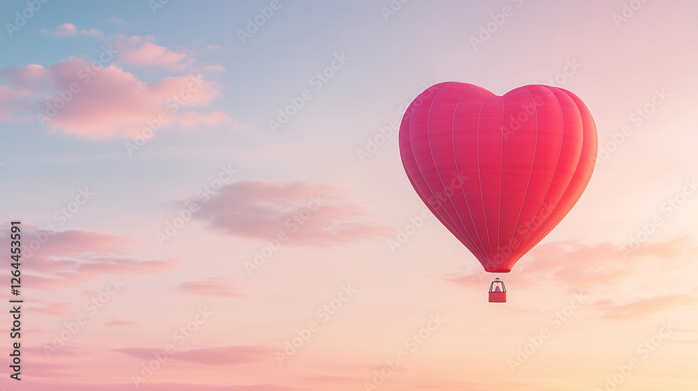 Obraz premium Heartfelt Ascent: A vibrant red heart-shaped hot air balloon drifts serenely across a pastel sky, evoking feelings of love, hope, and adventure.