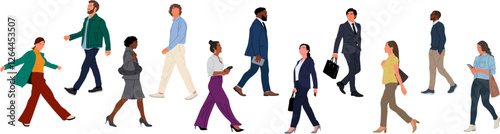 Set of different business people, men and women in casual and formal clothes walking side view. Colorful flat vector illustration isolated on white background