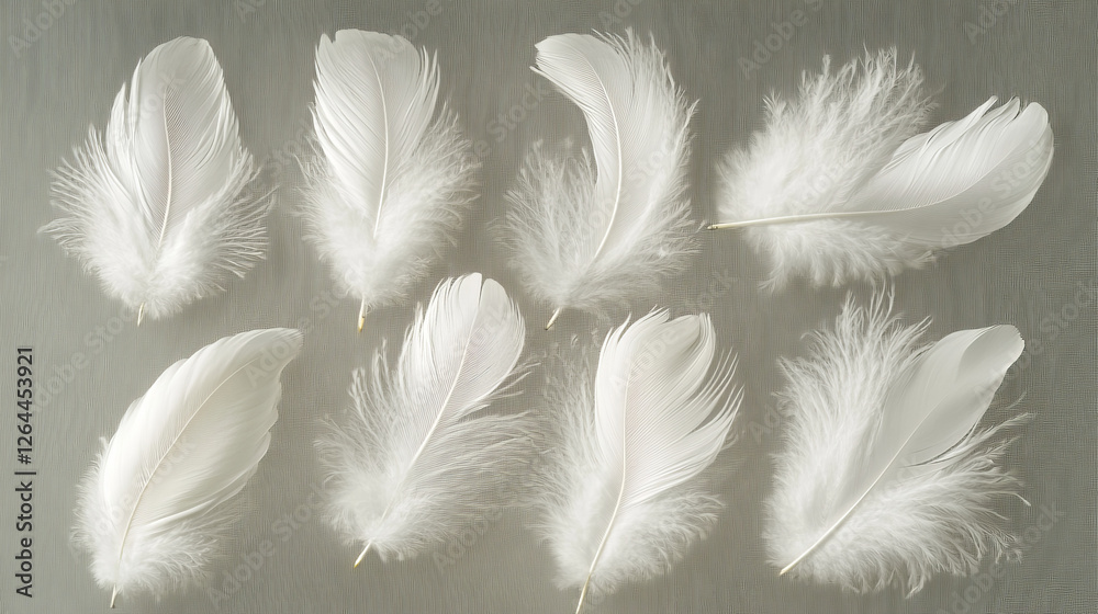Obraz premium White soft feathers, bird plumage isolated on transparent background. Flying fluffy quills of angel, goose, swan or dove. Lightweight plumes set, vector realistic illustration