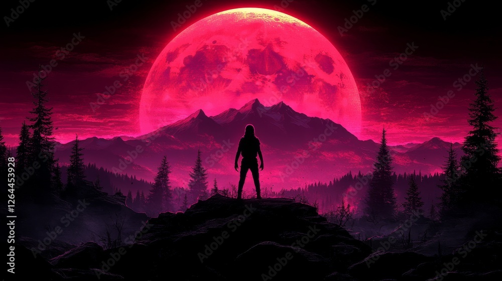 Naklejka premium Silhouette Figure Against Crimson Lunar Eclipse Mountain Landscape