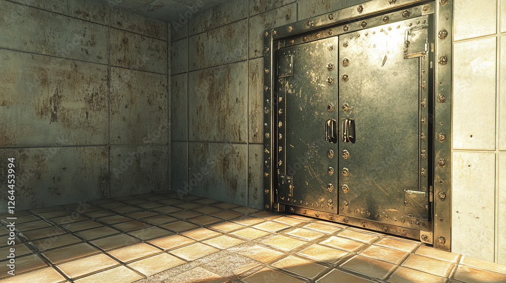 Obraz premium Bank safe and vault door, metal steel round gate mechanism in empty bunker room with tiled floor and durable walls with welds and rivets. Storage for gold and money, Realistic 3d vector illustration