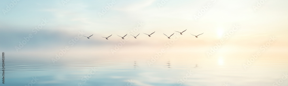 Birds in Flight Over Serene Waters: A flock of birds in graceful formation soars across a calm, misty body of water at dawn or dusk, their silhouettes mirrored in the tranquil surface. Birds in Flight Over Serene Waters: A flock of birds in graceful formation soars across a calm, misty body of water at dawn or dusk, their silhouettes mirrored in the tranquil surface.