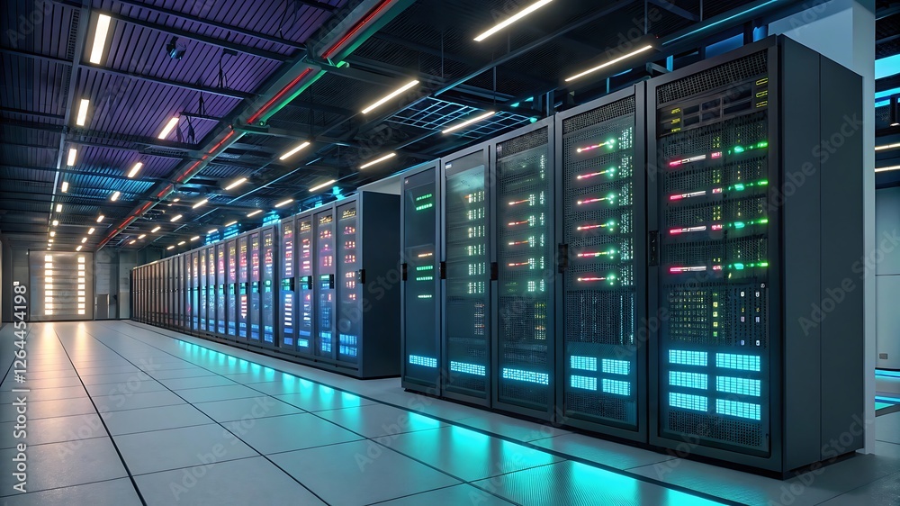 Futuristic AI-driven server room with neon-lit servers, holographic data processing units, and cybersecurity defense systems protecting business intelligence data Futuristic AI-driven server room with neon-lit servers, holographic data processing units, and cybersecurity defense systems protecting business intelligence data