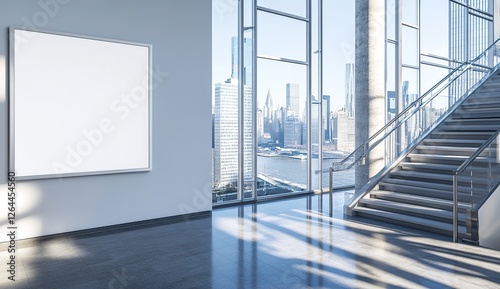 Modern Office Building with City Views and Blank Canvas  Ideal for Corporate Branding and Advertising