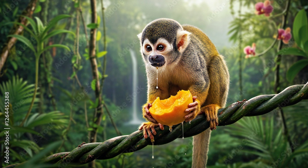 Obraz premium A Squirrel Monkey Perched on a Thick Jungle Vine, Holding a Freshly Bitten Mango