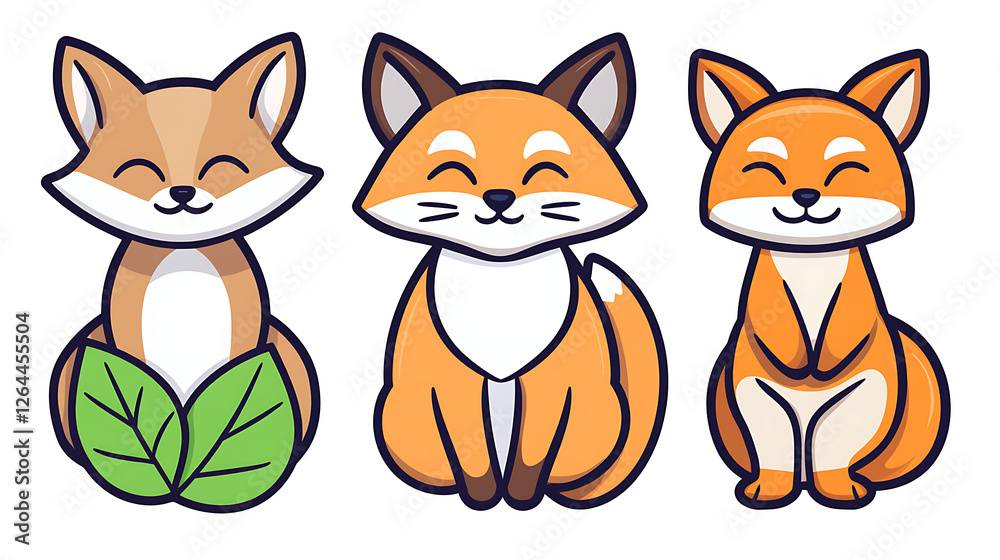 Fototapeta premium Charming Cartoon Foxes Trio Sitting Sweetly in Harmony Adorable Wildlife Illustration Art