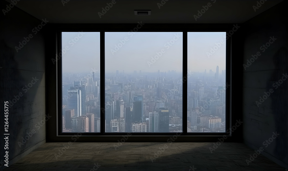 Obraz premium Panoramic city view from a minimalist, dark room. A large window offers a breathtaking vista of a sprawling metropolis.