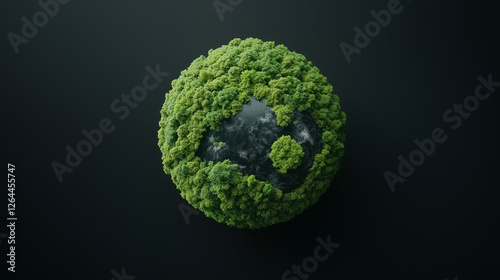Moss Covered Globe: A 3D render of a moss-covered sphere, representing the earth, sits against a dark background.  The image symbolizes environmentalism and sustainability. 